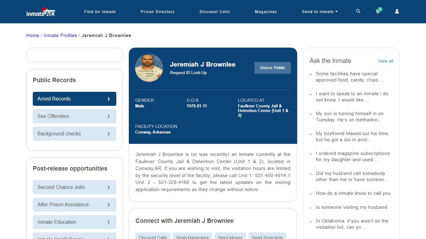 Inmate Search: Connect with Jeremiah J Brownlee, Conway, Arkansas